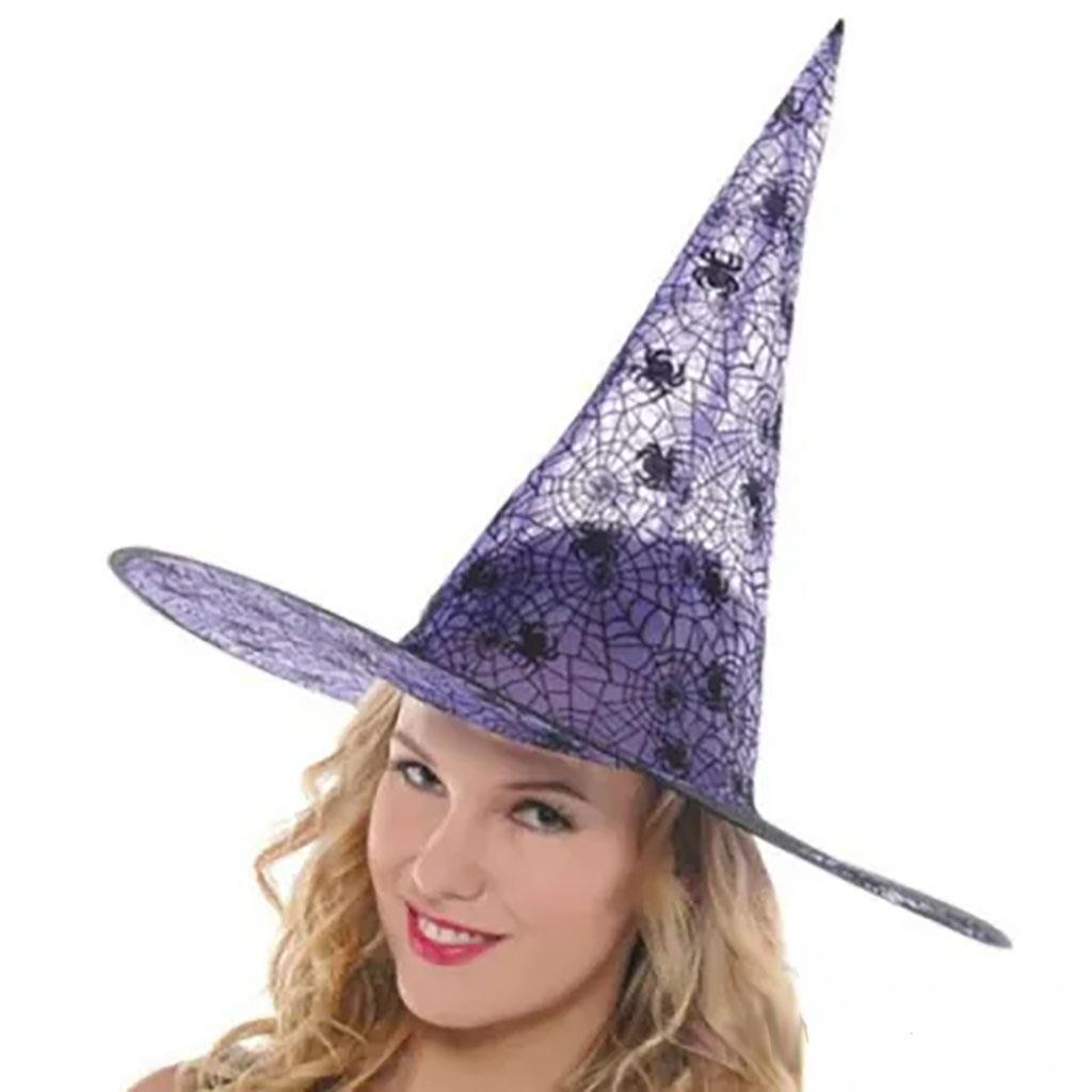 Spider Witch Hat Sparkling Web Classic Purple and Black Halloween Costume Adult